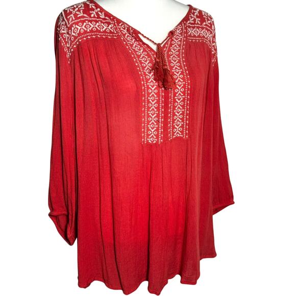 ST JOHN'S BAY Women 3X Orange Pullover Embroidered Crinkle Boho Tassel Tunic Top - Picture 2 of 10